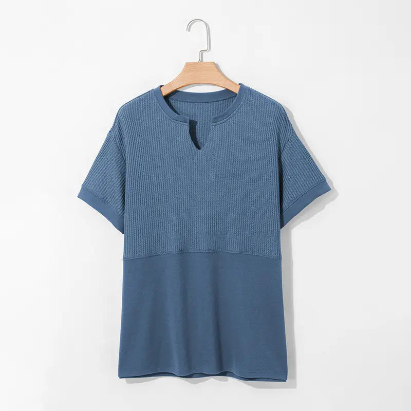 Women's Waffle Knit Casual V-Neck Short Sleeve Loose Fit Shirt