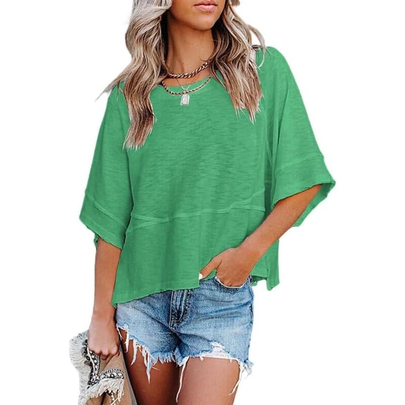 Summer 2026 Best Sellers Women's Summer Casual Crewneck Batwing Half Sleeve T-Shirts Solid Color Loose Fit Cute Basic Flowy Tops Tees Blouses