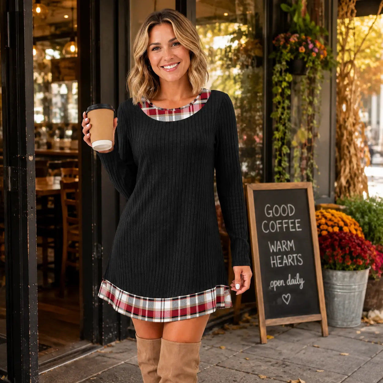 Fashion Fall Dresses for Women 2026 Long Sleeve Sweater Dress Color Block | Side Pockets, Ribbed, Lightweight, Winter Clothing, Loose Fit