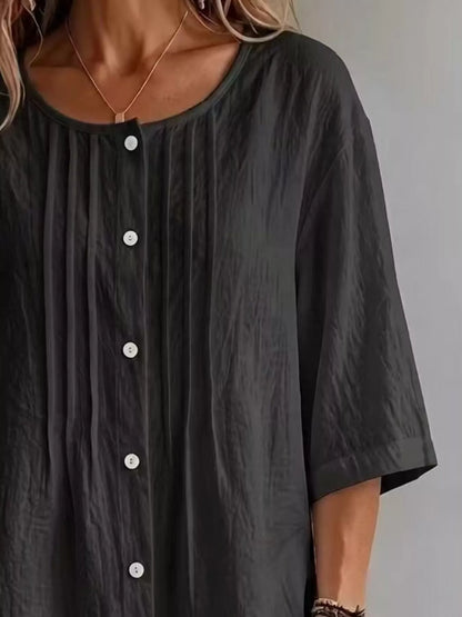 Women's Full Size Cotton Linen Texture Round Neck 3/4 Sleeve Blouse