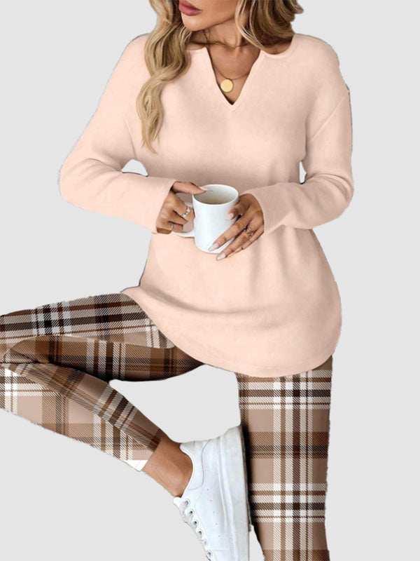 Apricot plaid fall matching two piece outfit