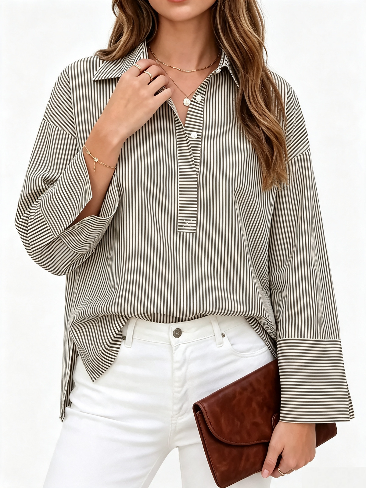 🎀Womens Striped Collared Long Sleeve Blouse