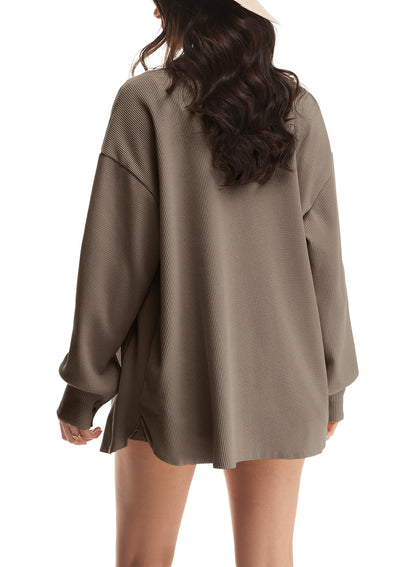 Women's Loose Fit Batwing Sleeve Waffle Knit Button Down Shacket Top