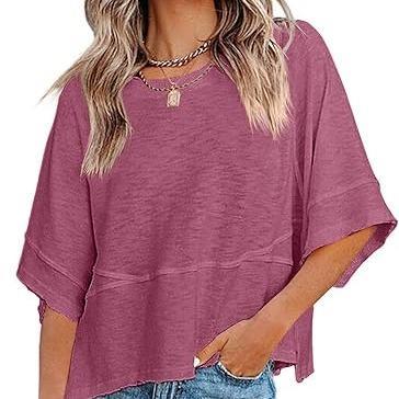 Summer 2026 Best Sellers Women's Summer Casual Crewneck Batwing Half Sleeve T-Shirts Solid Color Loose Fit Cute Basic Flowy Tops Tees Blouses