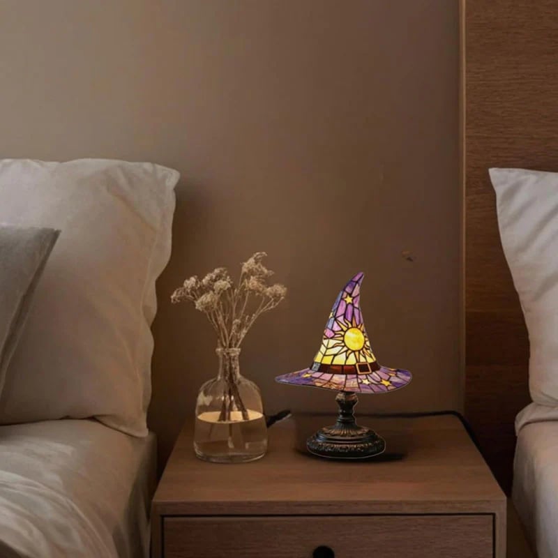 🔮 Stained Glass Style Witch Hat Resin Night Light | Vintage Fantasy Bedroom Lamp