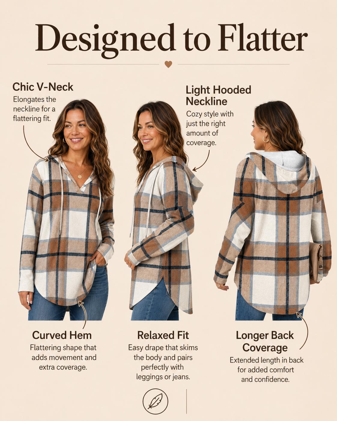 Designed to flatter hooded pullover details