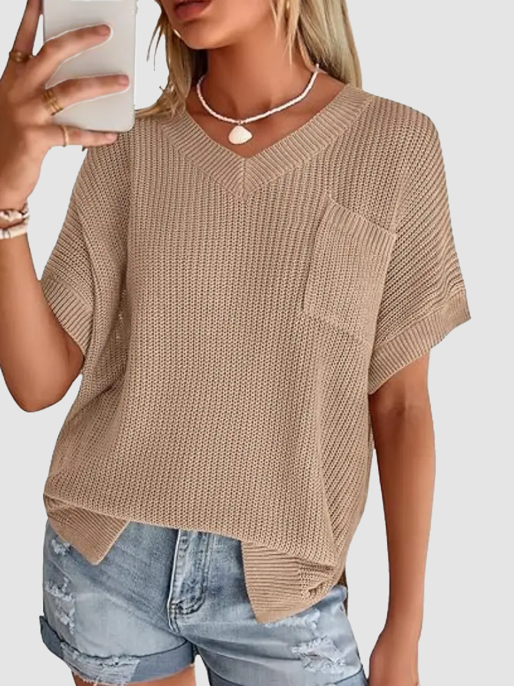 Women Loose V Neck Pocket Short Sleeve Knit Top