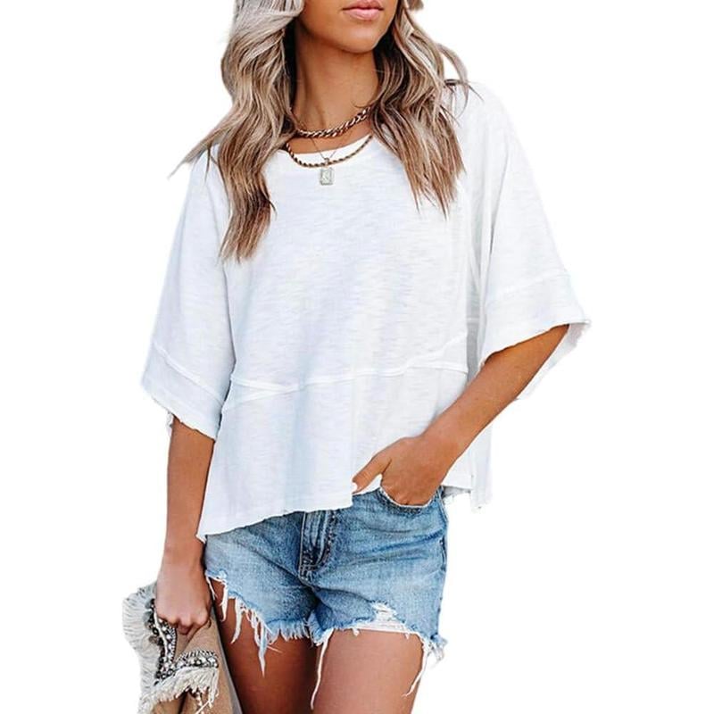 Summer 2026 Best Sellers Women's Summer Casual Crewneck Batwing Half Sleeve T-Shirts Solid Color Loose Fit Cute Basic Flowy Tops Tees Blouses