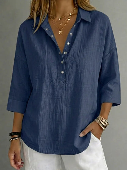 Women's Casual Cottonn Linen Henley 3/4 Sleeve Shirt