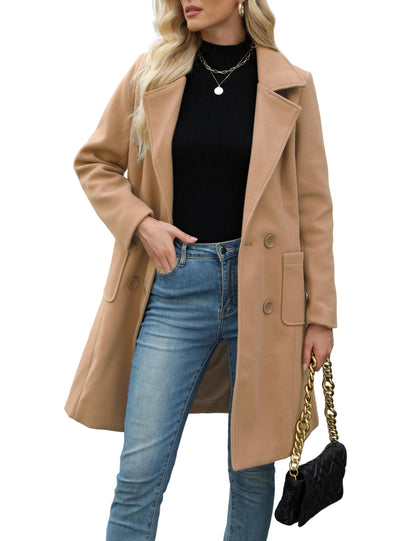 Hot Sale-Women Classic Lapel Double Breasted Mid-Length Overcoat Casual Fall Winter