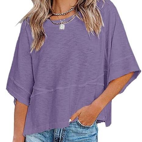 Summer 2026 Best Sellers Women's Summer Casual Crewneck Batwing Half Sleeve T-Shirts Solid Color Loose Fit Cute Basic Flowy Tops Tees Blouses