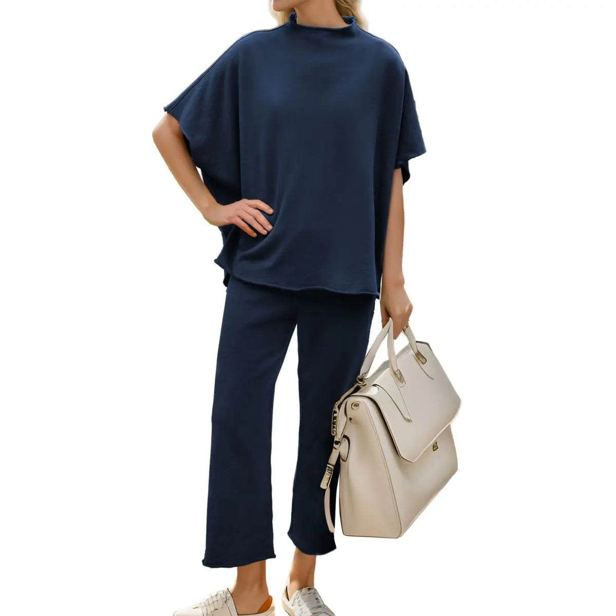 Womens Casual Two Piece Outfits 3/4 Batwing Sleeve Crew Neck Top Wide Leg Pants