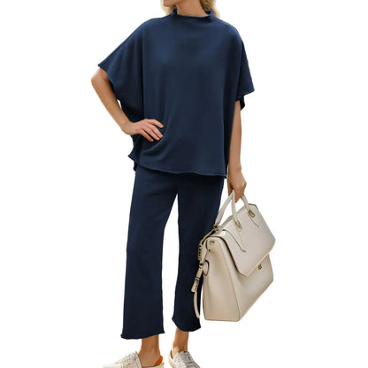 Womens Casual Two Piece Outfits 3/4 Batwing Sleeve Crew Neck Top Wide Leg Pants