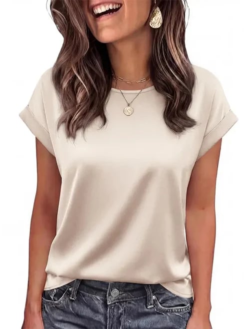 Women Loose Crew‐Neck Satin Short‐Sleeve Business Casual Summer Blouse