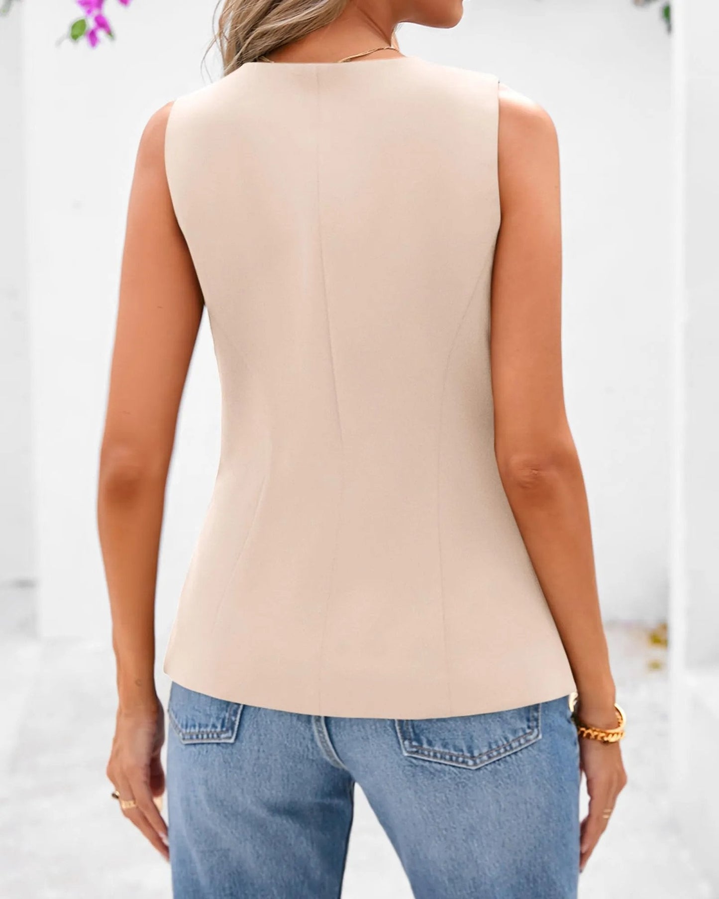 Women's Dressy Button Down Round Neck Sleeveless Blazer Vest