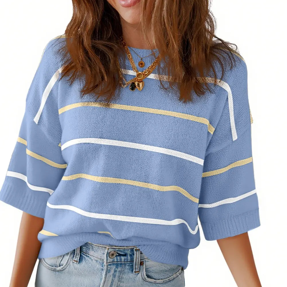 Women's Striped Knit Round Neck Shortsleeve Baggy Pullover 100% Cotton