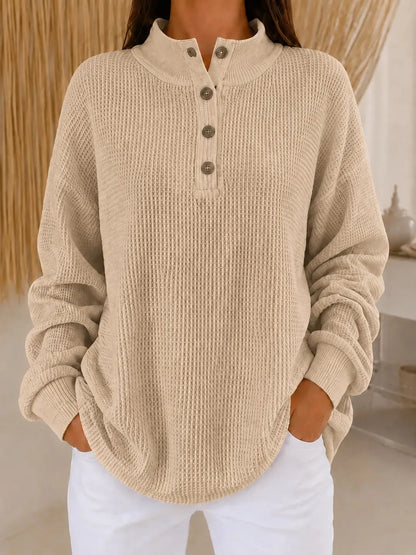 Women’s Waffle Knit Button Neck Pullover