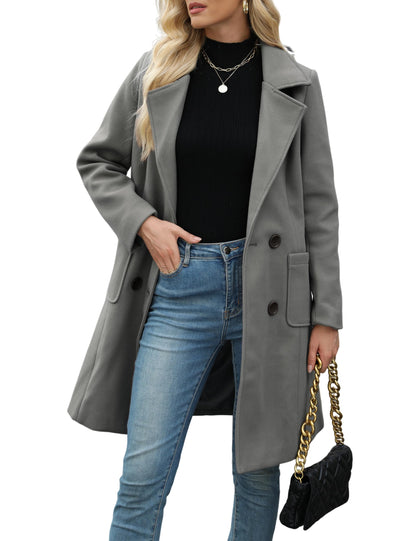 Hot Sale-Women Classic Lapel Double Breasted Mid-Length Overcoat Casual Fall Winter