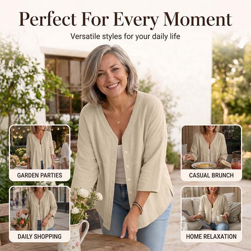FLASH SALE: 60% OFF — Women's V-Neck Lace Trim Button-Down Blouse