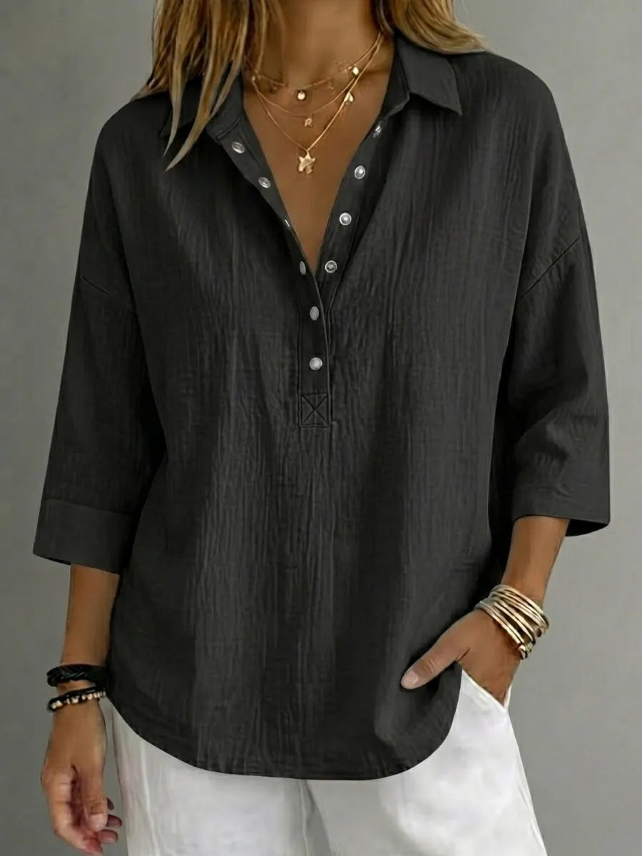 Women's Casual Cottonn Linen Henley 3/4 Sleeve Shirt