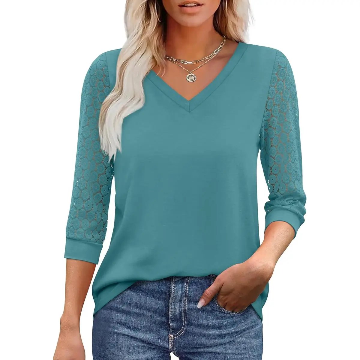🌞2026 New Womens 3/4 Length Sleeve Tops Trendy V Neck T Shirts