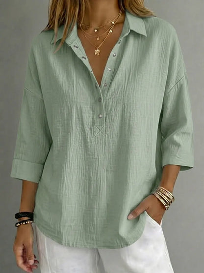 Women's Casual Cottonn Linen Henley 3/4 Sleeve Shirt