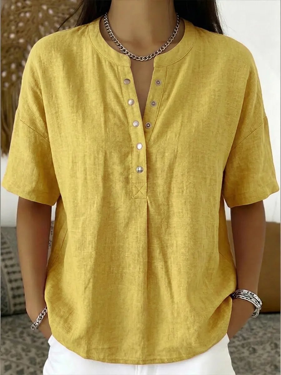 New Arrivals🔥Women's Casual Henley Collar Linen And Cotton Short-sleeve Shirt