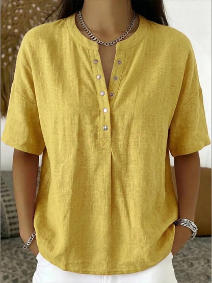 New Arrivals🔥Women's Casual Henley Collar Linen And Cotton Short-sleeve Shirt