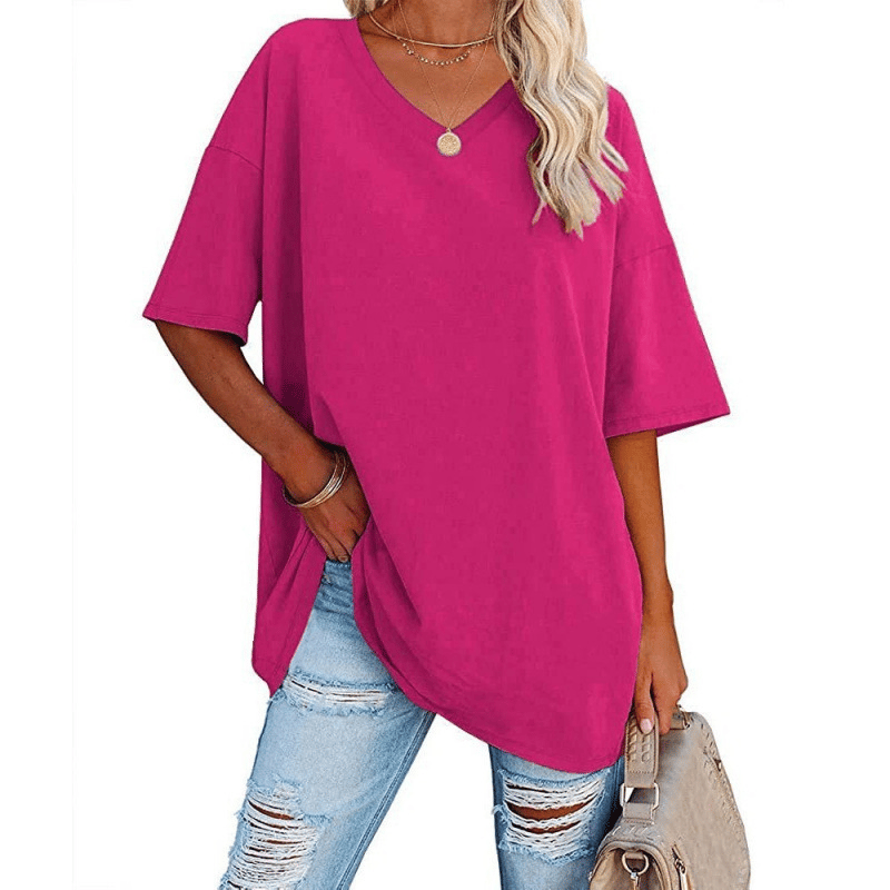 Soft Stretch Cotton Blend Plus Size V-Neck Tees, Oversized Loose Fit Casual Half Sleeve Tunic Shirts, Versatile Basic Wardrobe Staple for Spring Summer Fall Winter