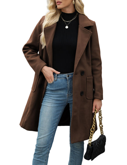 Hot Sale-Women Classic Lapel Double Breasted Mid-Length Overcoat Casual Fall Winter