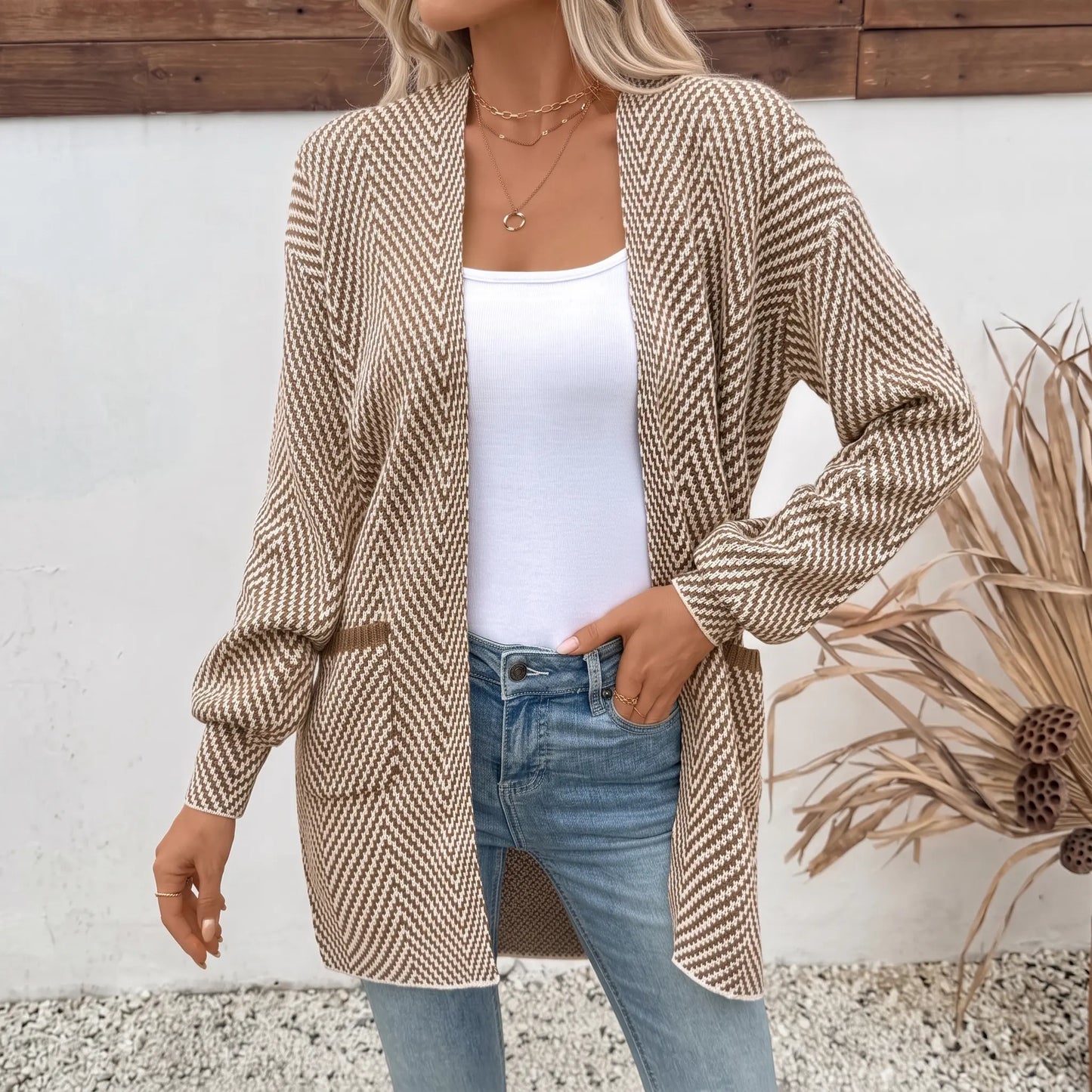 Women's Open Front Herringbone Cardigan Sweaters