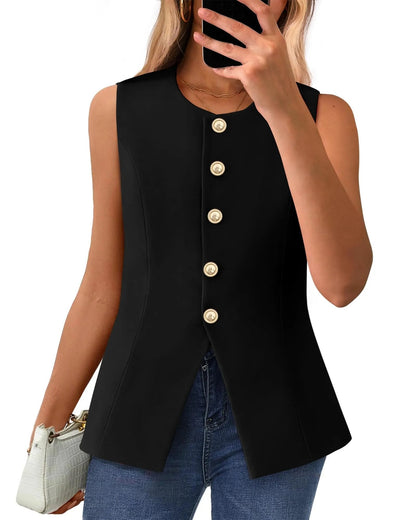 Women's Dressy Button Down Round Neck Sleeveless Blazer Vest