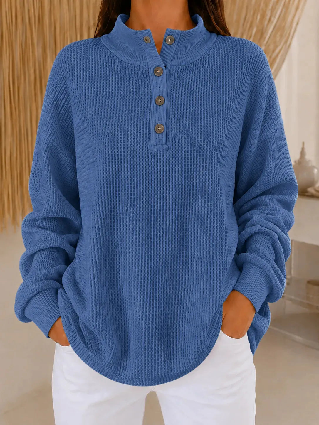 Women’s Waffle Knit Button Neck Pullover
