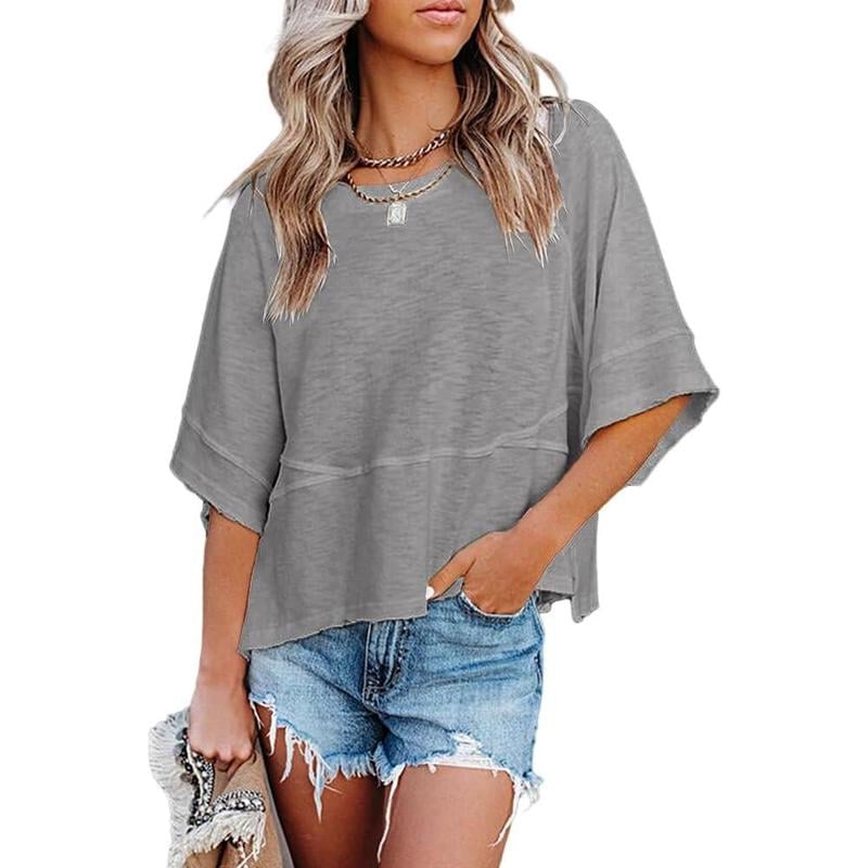 Summer 2026 Best Sellers Women's Summer Casual Crewneck Batwing Half Sleeve T-Shirts Solid Color Loose Fit Cute Basic Flowy Tops Tees Blouses