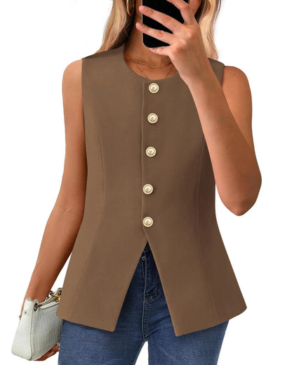 Women's Dressy Button Down Round Neck Sleeveless Blazer Vest