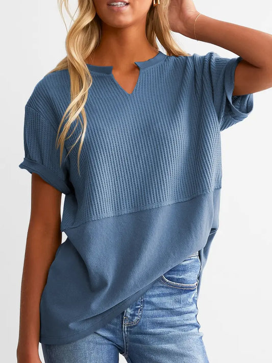 Women's Waffle Knit Casual V-Neck Short Sleeve Loose Fit Shirt