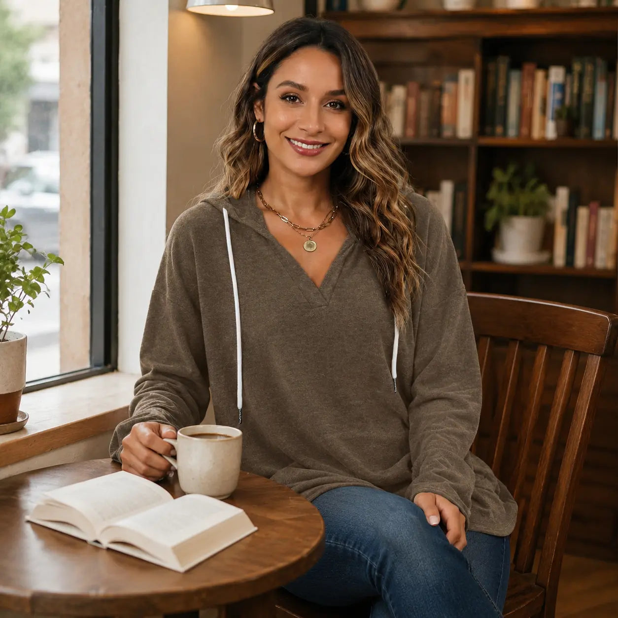 Coffee hooded pullover lifestyle