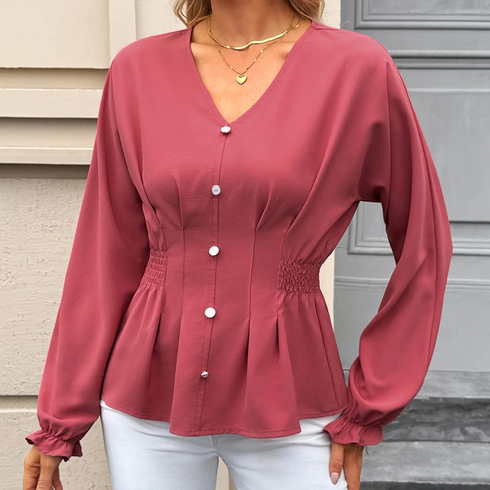 Women's Fitted V Neck Tops Button Long Sleeve Solid Color Blouse 2026 Womenswear Deals For You Days summer outfits,back to school,back to school shopping