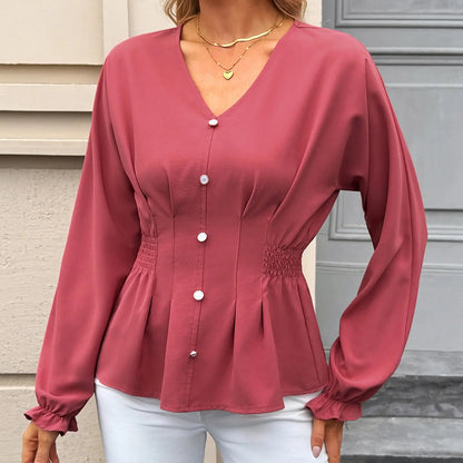 Women's Fitted V Neck Tops Button Long Sleeve Solid Color Blouse 2026 Womenswear Deals For You Days summer outfits,back to school,back to school shopping