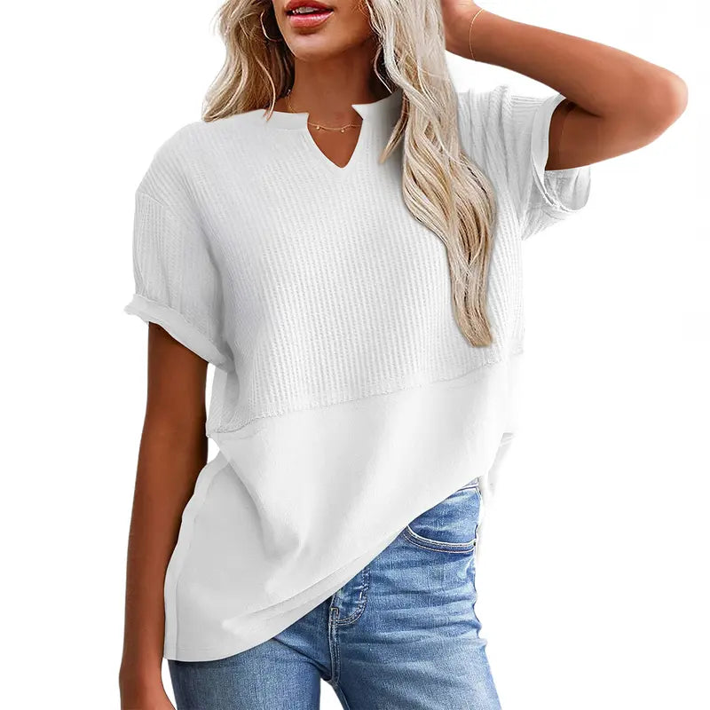 Women's Waffle Knit Casual V-Neck Short Sleeve Loose Fit Shirt