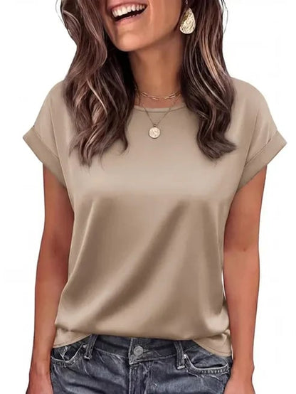 Women Loose Crew‐Neck Satin Short‐Sleeve Business Casual Summer Blouse