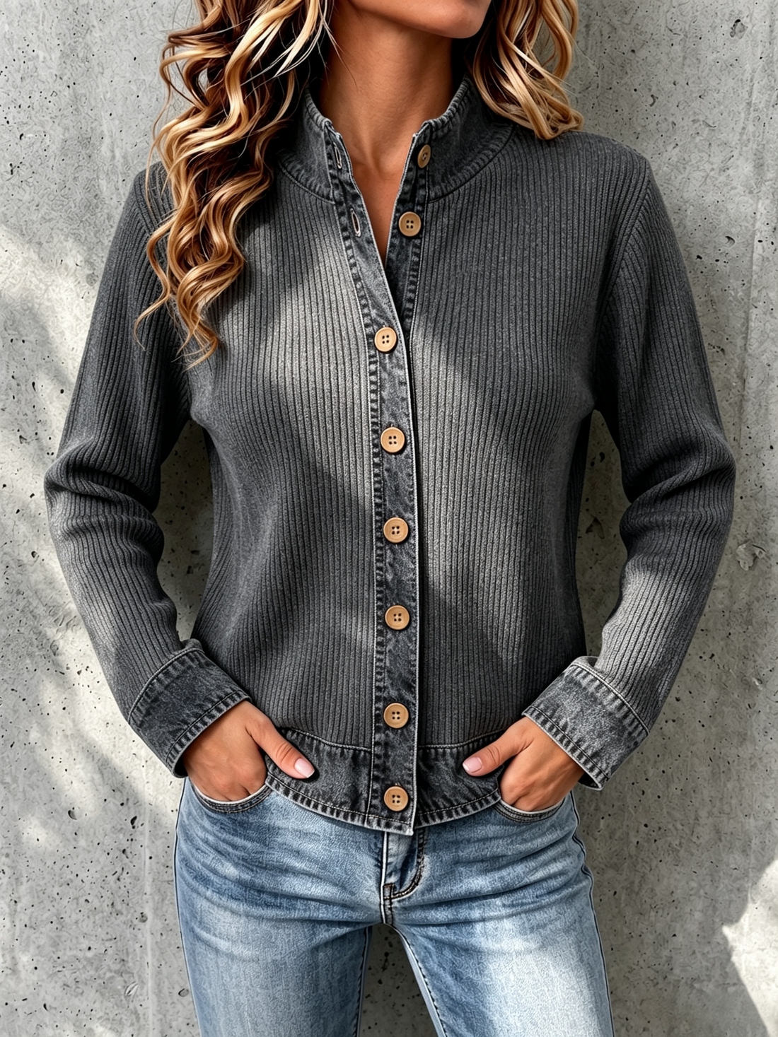Gray denim paneled knit cardigan