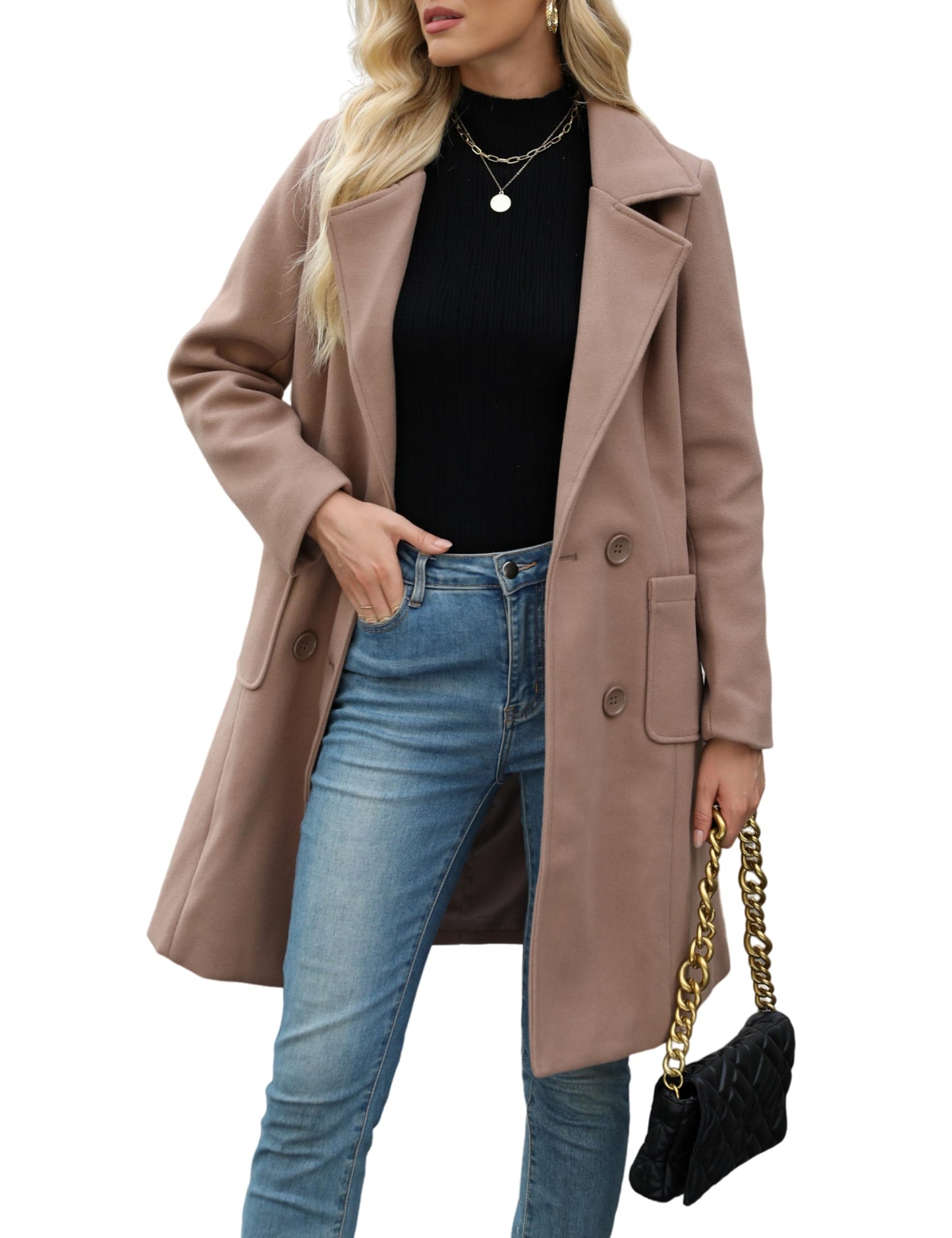 Hot Sale-Women Classic Lapel Double Breasted Mid-Length Overcoat Casual Fall Winter