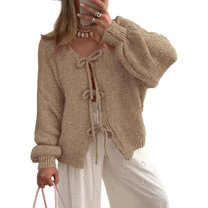 ✨✨Women's Tie Front Bow Cardigan Sweaters Chunky Knit Long Puff Sleeve Trendy Fall Winter Jacket Coats
