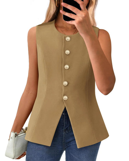 Women's Dressy Button Down Round Neck Sleeveless Blazer Vest