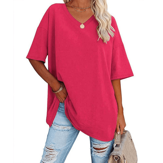 Soft Stretch Cotton Blend Plus Size V-Neck Tees, Oversized Loose Fit Casual Half Sleeve Tunic Shirts, Versatile Basic Wardrobe Staple for Spring Summer Fall Winter