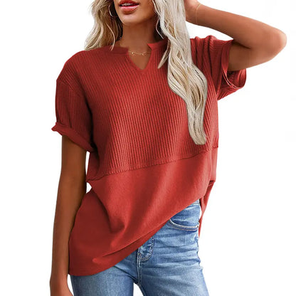 Women's Waffle Knit Casual V-Neck Short Sleeve Loose Fit Shirt