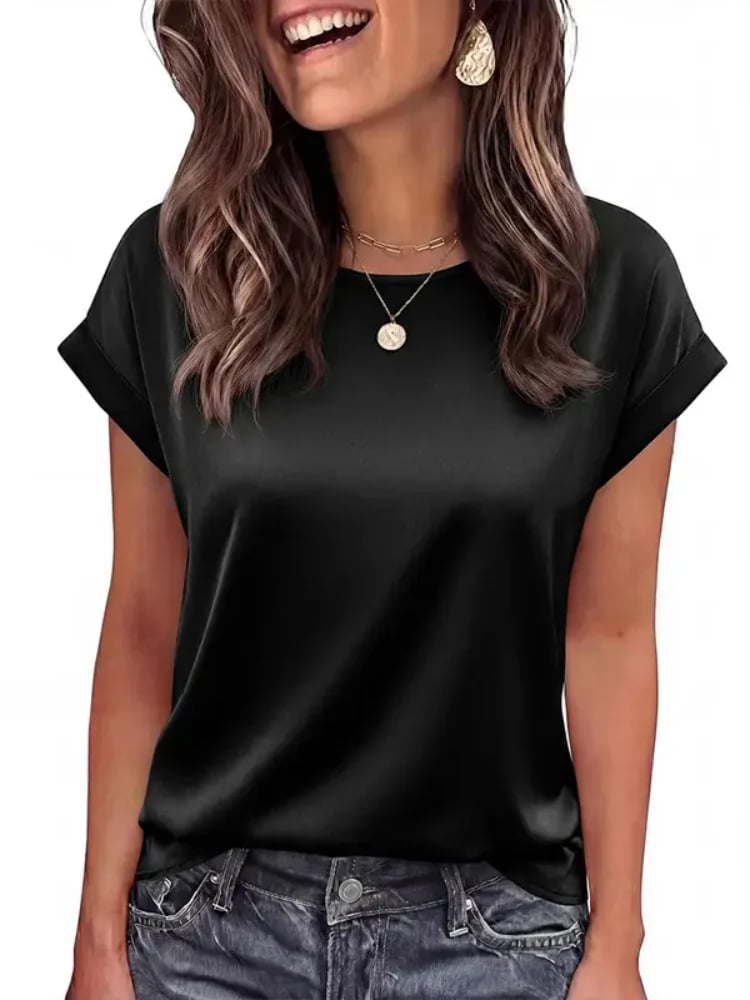 Women Loose Crew‐Neck Satin Short‐Sleeve Business Casual Summer Blouse