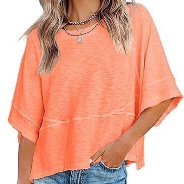 Summer 2026 Best Sellers Women's Summer Casual Crewneck Batwing Half Sleeve T-Shirts Solid Color Loose Fit Cute Basic Flowy Tops Tees Blouses