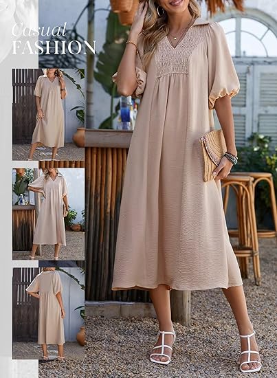 Women 2026 Casual Dresses V Neck Puff Sleeve Empire Waist A-Line Maxi Dress
